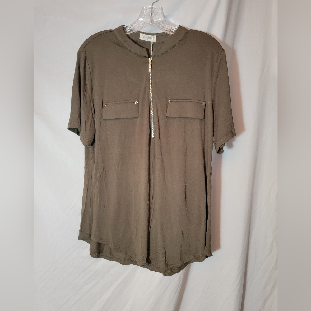 Bulotus Womens Zip Front VNeck Work Casual Top Blouse Shirt Green NWT